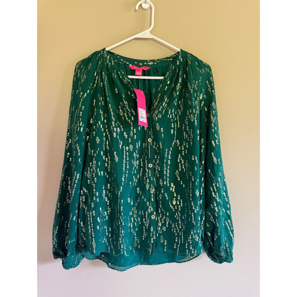 Lilly Pulitzer Saige Silk Top Evergreen Gold Metallic Fish Clip Chiffon NWT S